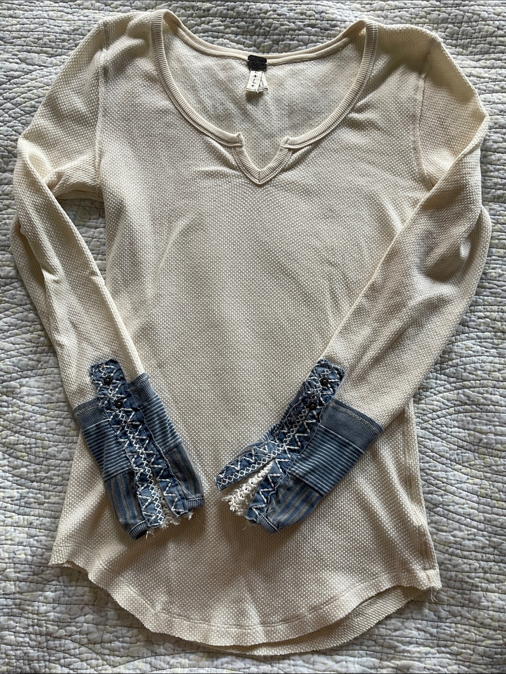 We The Free Cream Long Sleeve Waffle Knit Top with Embroidered Denim Cuffs